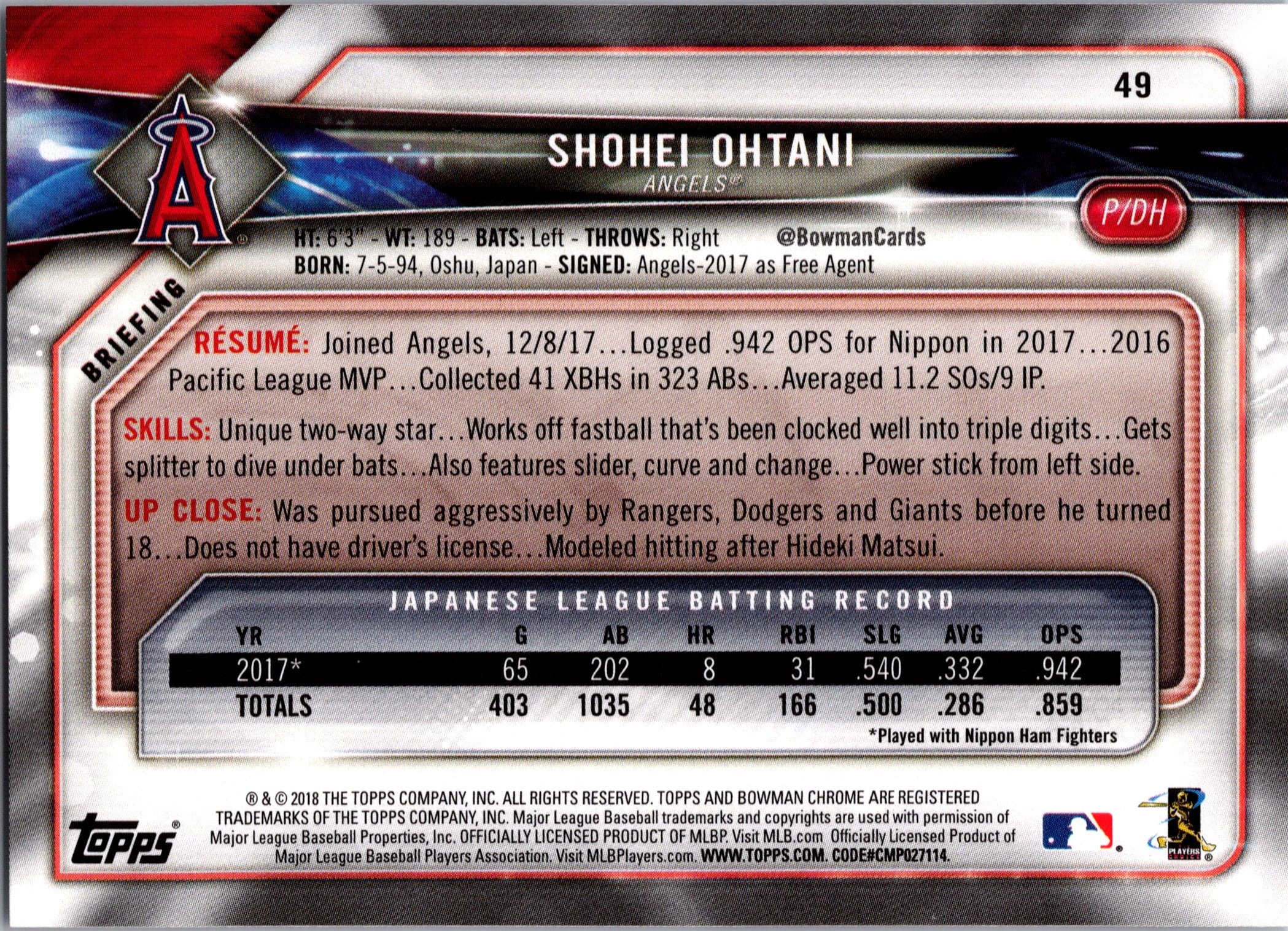 2018 Bowman Shohei Ohtani #49 RC