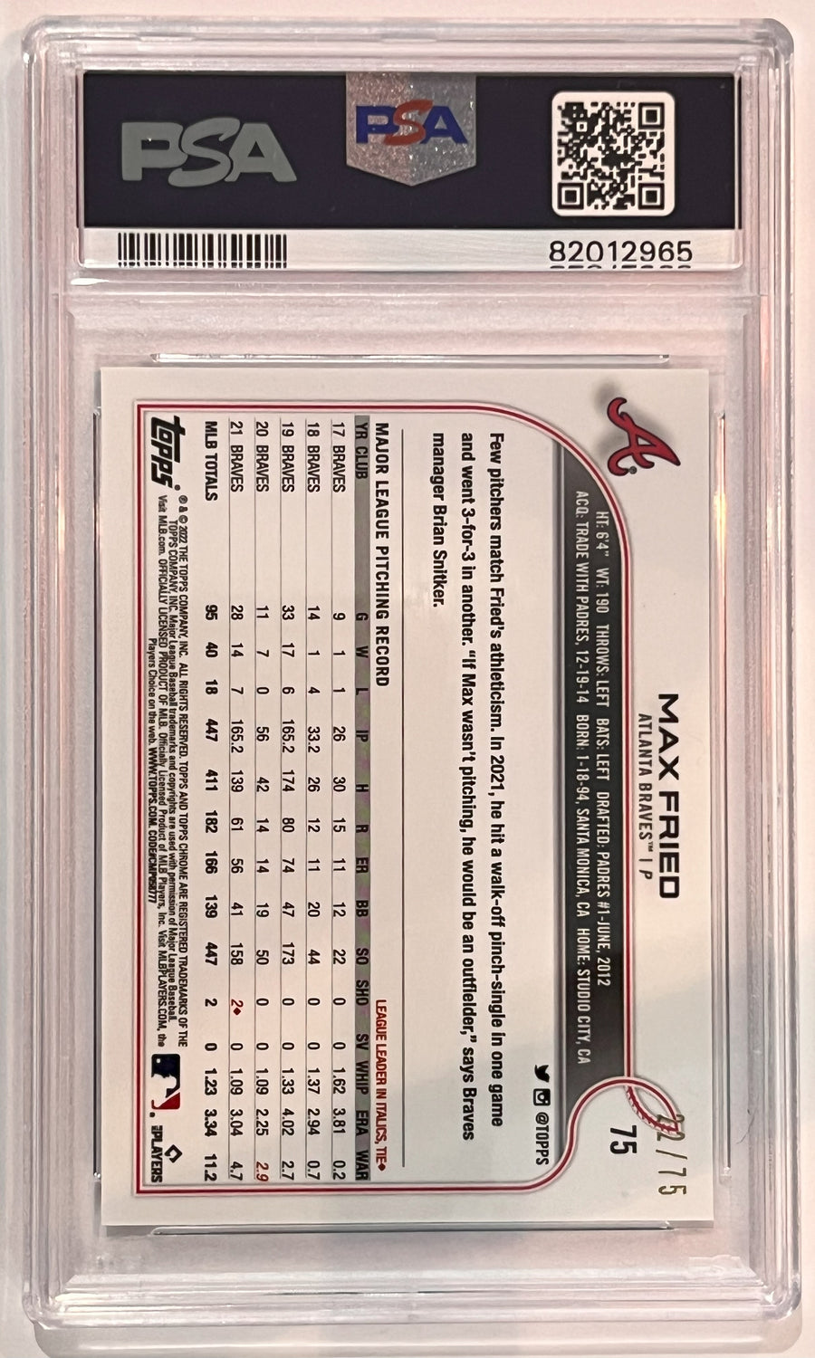 2022 Topps Chrome Ben Baller #75 Max Fried Blue Refractor #22/75 PSA 10 Gem Mint