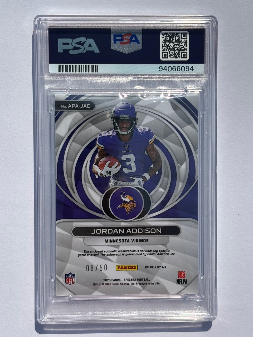 2023 Spectra Jordan Addison Aspiring Patch Autograph - Neon Blue PSA 10  08/50