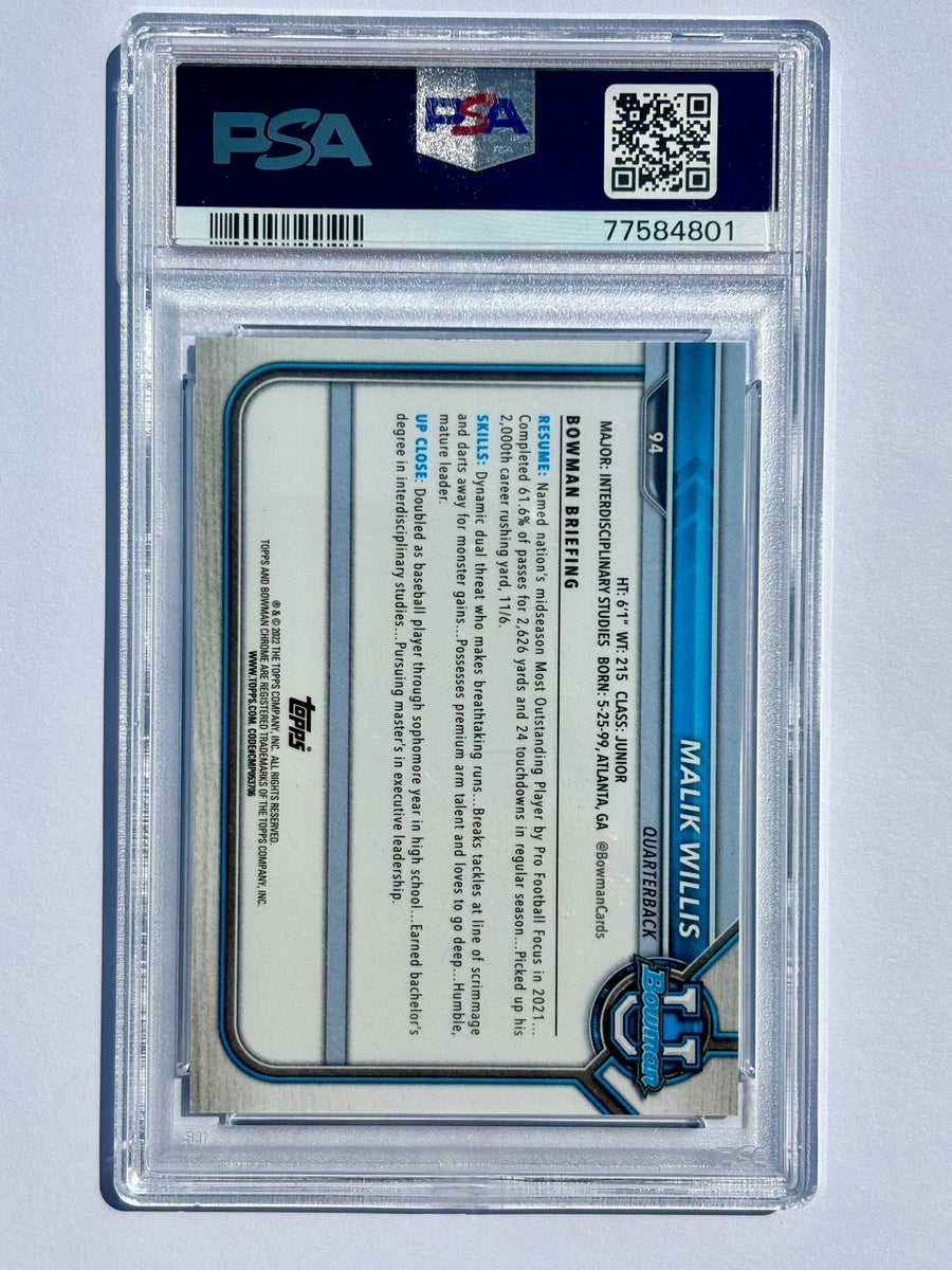 2021 Bowman University Malik Willis Chrome Prospects Blue Refractor PSA 9